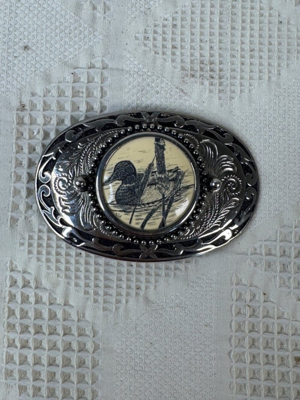 Vintage Western Belt Buckle w Scrimshaw Style Duck Design Made USA Silver Tone